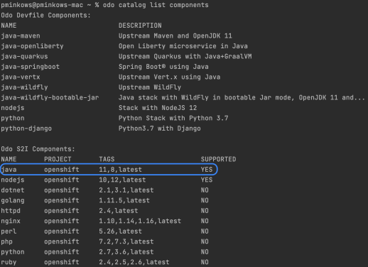 openshift-odo-component-list